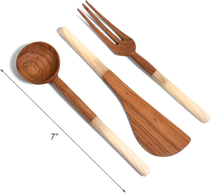 African Olive Wood 3-piece Serving Set with Bone Handles, Handmade in Kenya