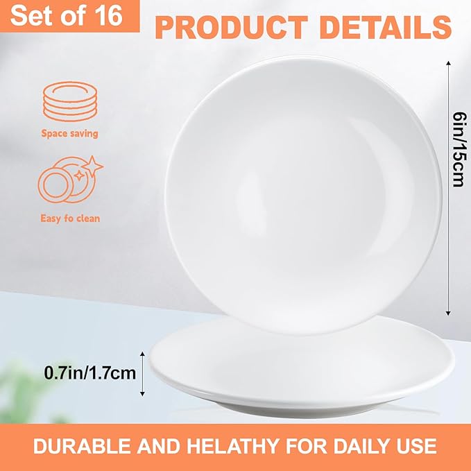 Jeffbaubl 16 Pcs Porcelain Dessert Plates, 6 inch Small Ceramic Salad Plate, Round White Appetizer Plates, Small White Plate for Appetizers, Cake, Snacks, Microwave Oven and Dishwasher Safe