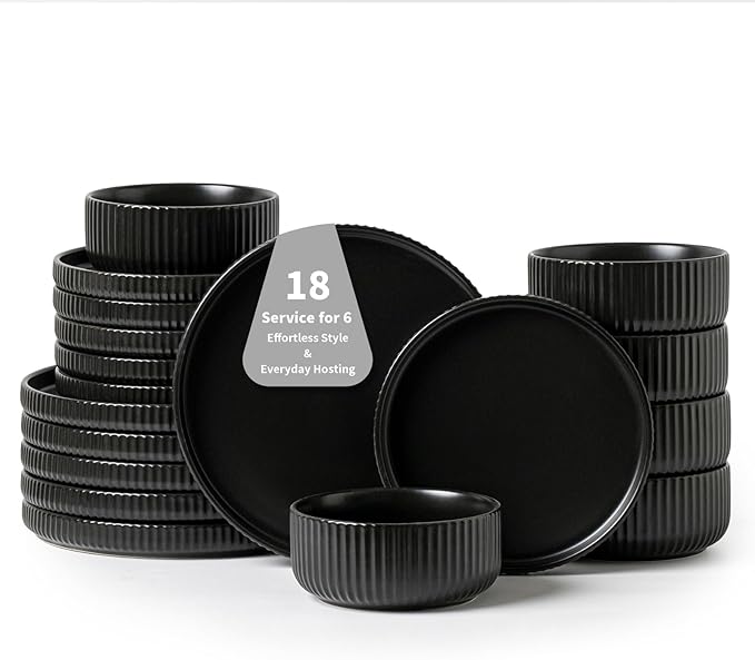Modern Plates and Bowls Set for 6,18 Piece Black Ceramic Dinnerware for Stylish Families – Microwave Safe Dish Set for Daily Dining