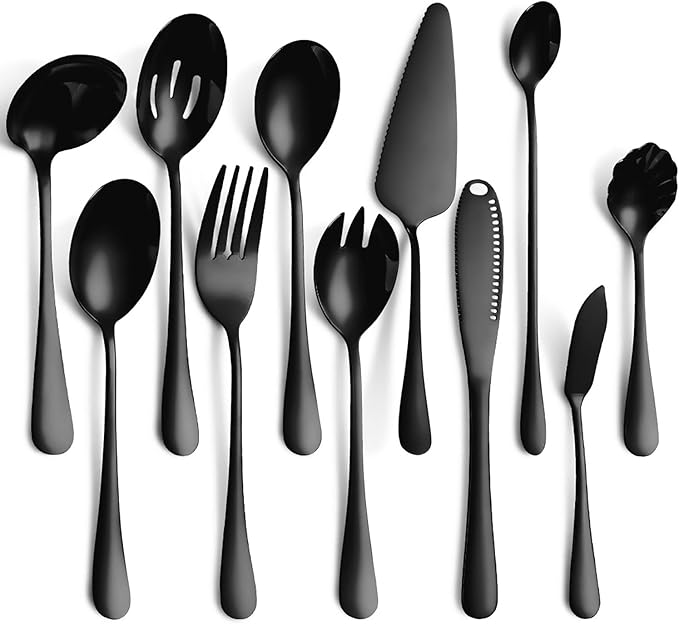 11-Piece Serving Utensil Set, Stainless Steel Modern Flatware Serving Set Serving Spoons Fork Knife Ladle, Tableware Cutlery for Home Restaurant Buffet Party (Black)