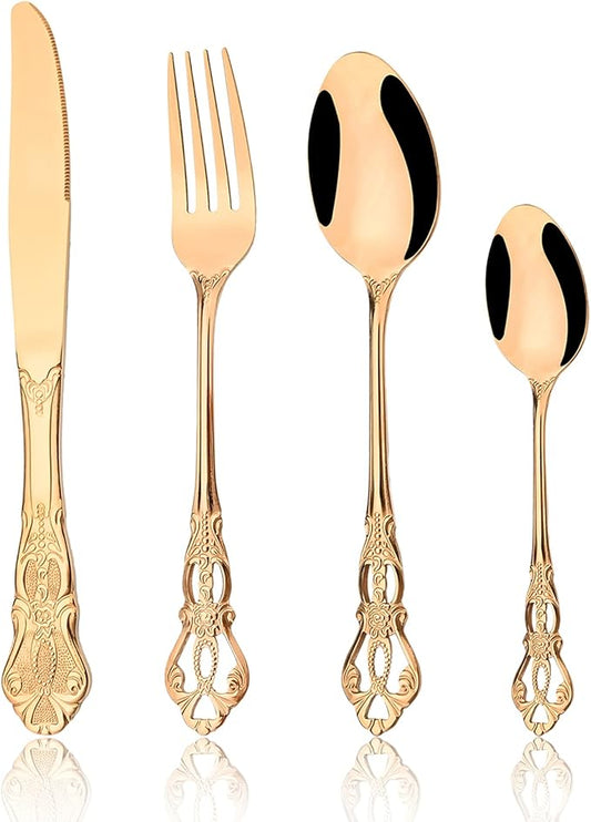 Mirror Polished Copper Silverware Set, 24-Piece 18/10 Stainless Steel Rose Gold Flatware Set Service for 6, Kitchen Utensil Set, Tableware Cutlery Set for Home and Restaurant Dishwasher Safe