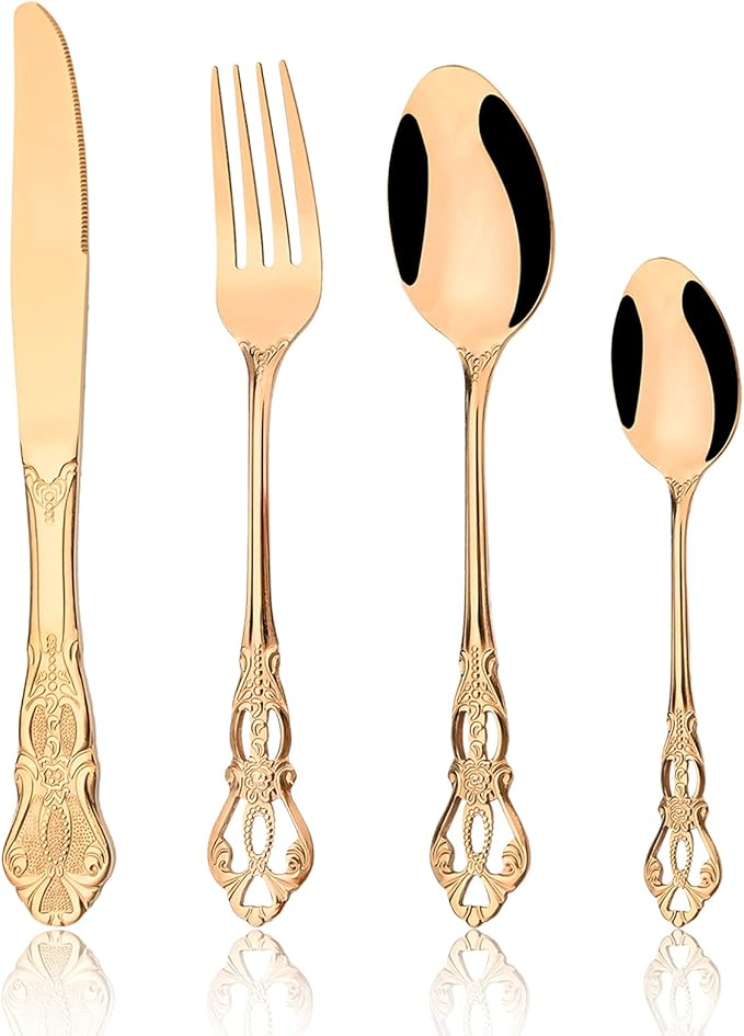 8-Piece Luxury Royal Silverware Set, 18/10 Stainless Steel Copper Flatware Set Service for 2, Tableware Cutlery Set Includes Forks Spoons Knives, Rose Gold & Mirror Polished Dishwasher Safe