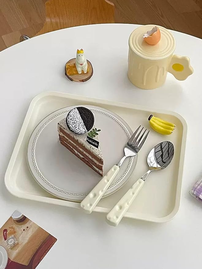 4Pcs Silverware Set, Cute Stainless Steel Flatware Cutlery Set with Cheese-shaped Ceramic Handle Dishwasher Safe Kitchen Dinnerware Set Include Knife/Fork/Spoon/Coffee spoon