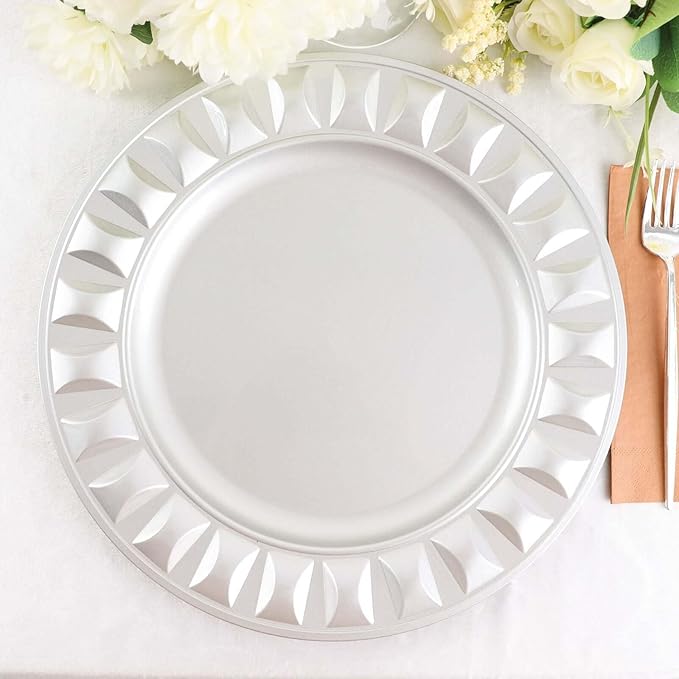 Efavormart 6 Pack | 13" Silver Round Bejeweled Rim Plastic Dinner Serving Trays, Disposable Charger Plates