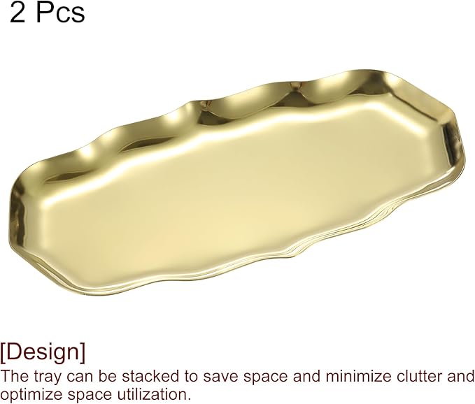 uxcell 2pcs Stainless Steel Decorative Tray 8.6" x 4.3" Wave Serving Tray Suitable for Jewelry Coffee Table Bar Kitchen Countertop Bathroom Tableware, Gold