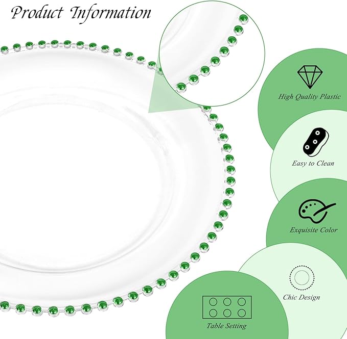 12 Pack Clear Charger Plates with Beaded Rim, 13 Inch Plastic Chargers for Dinner Plates Acrylic Round Tabletop Decoration for Home Kitchen Catering Wedding Table Event Party Dinner (Green)
