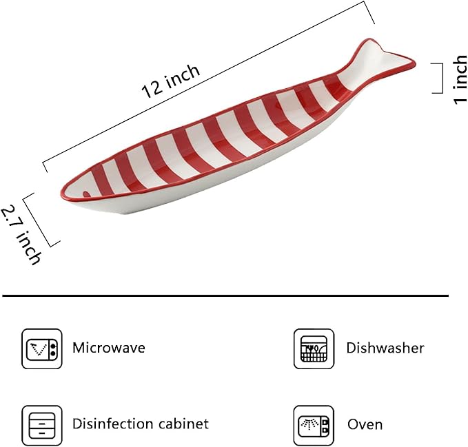 Ceramic Fish Shaped Serving Dish, Red and White Striped Pattern, Appetizer Snack Plate, Microwave Dishwasher Safe, 12x7 Inch (Red Stripes)