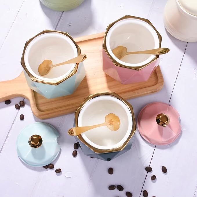 Sugar Bowl with Lid and Spoon, 9.5 oz Ceramic Sugar Bowl,Multi-Function Sugar Container Spice Container Salt Jar Condiment Bowls Sugar Jar for Kitchen Storage Organization 9.5 oz（280ml (Pink)