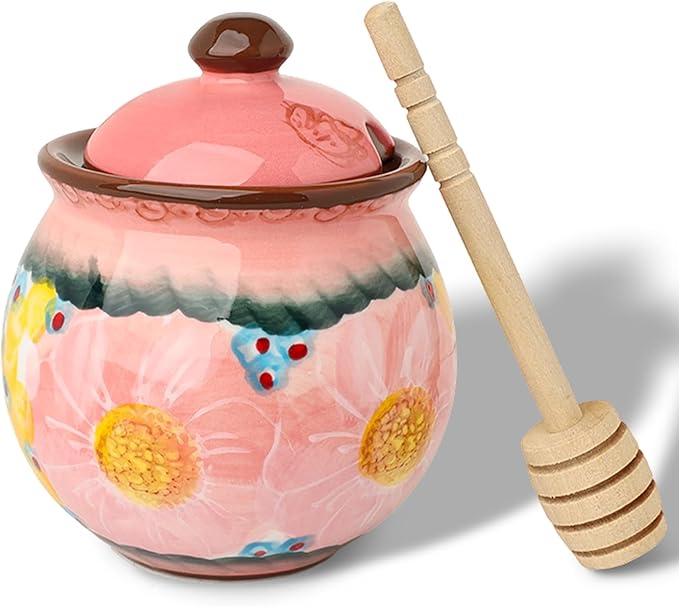 silesia Handmade Ceramic Honey Jar with Lid, 8 oz Floral Design Honey Pot with Dipper, Hand-Painted Honey Containers for Honey, Jam, or Syrup, Dishwasher Safe (Glazed Pink)