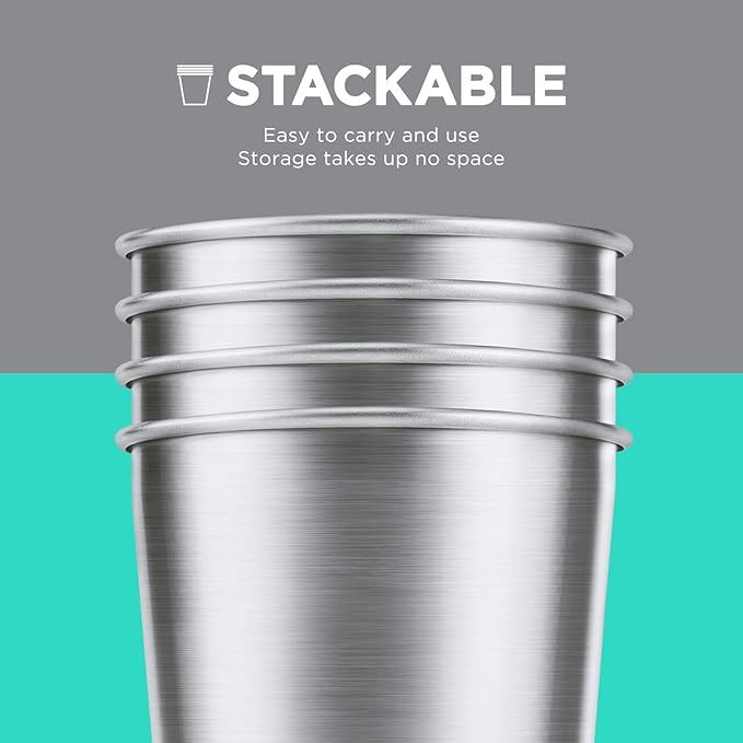 HAUSHOF Pint Cup, 16 oz Stainless Steel Cups, Stackable Metal Drinking Cups, Stacking Beer Pint Cups for Home, Party, Camping, Outdoor, Unbreakable, 4 Pack