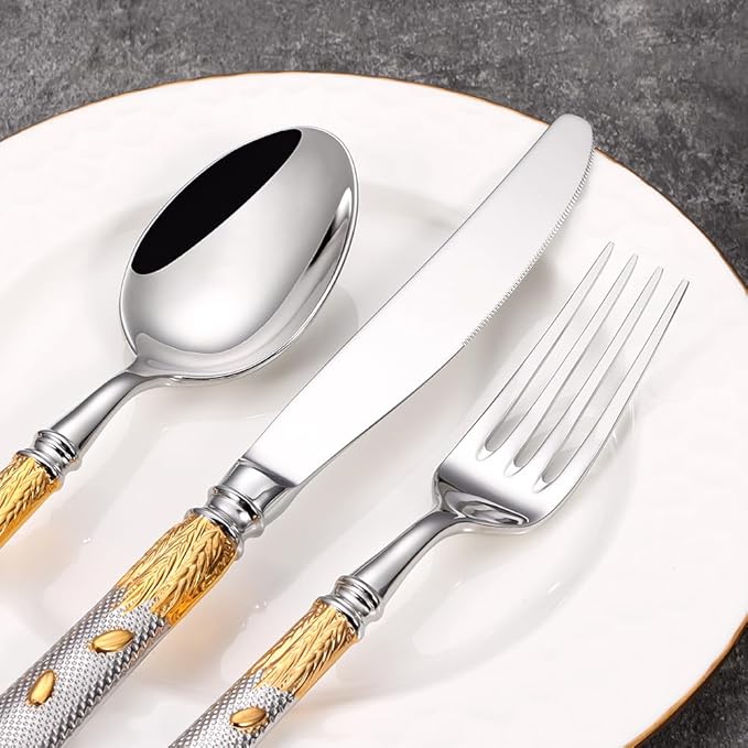 Luxury 20-Piece Wheat Ear Design Silverware Set, Premium 18/10 Stainless Steel Flatware, Serving 4. (Gold & Silver)