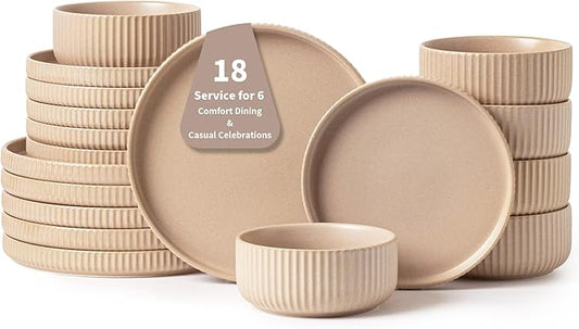 Natural Stoneware Dish Set,18 Piece Plates and Bowls Sets in Warm Beige – Dinnerware for 6 for Warmhearted Homes & Everyday Harmony