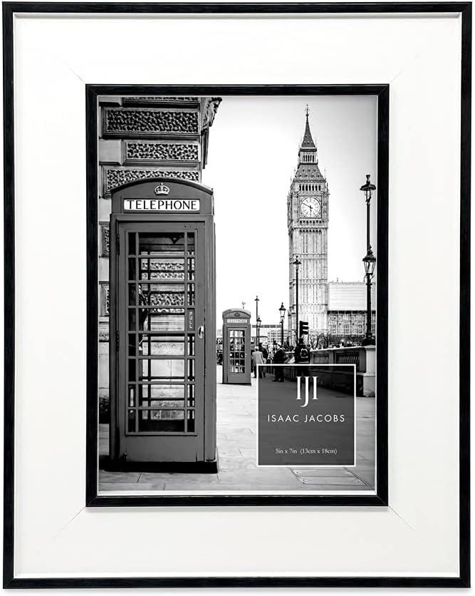 Isaac Jacobs 5x7 White w/Black (Vertical & Horizontal) Double Border Picture Frame w/Black Fabric Easel, Wall-Mountable, Made for Tabletop & Gallery, Home or Office (5x7, White W/Black)