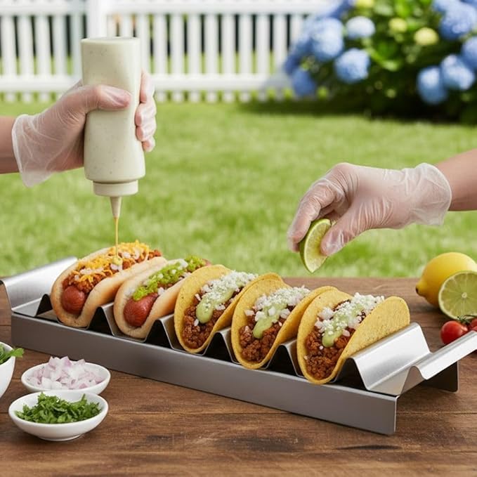 Soro Essentials- 7 Compartment Stainless Steel Hot Dog Make-Up Tray -Taco Holder Hot Dog Corn Dogs Breakfast Sausage Tray Picnic Cart Accessories Easy Way to Serve Tacos and Hotdogs Home Outdoor Party