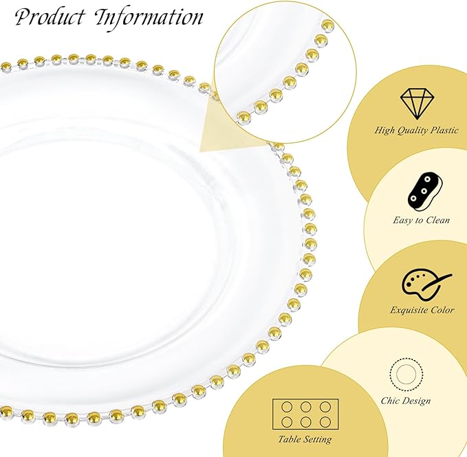 24 Pack Clear Charger Plates 13 Inch Clear Plastic Charger Plates with Beaded Rim Acrylic Round Dinner Plates for Home Kitchen Catering Wedding Table Event Party Dinner Tabletop Decoration (Gold)