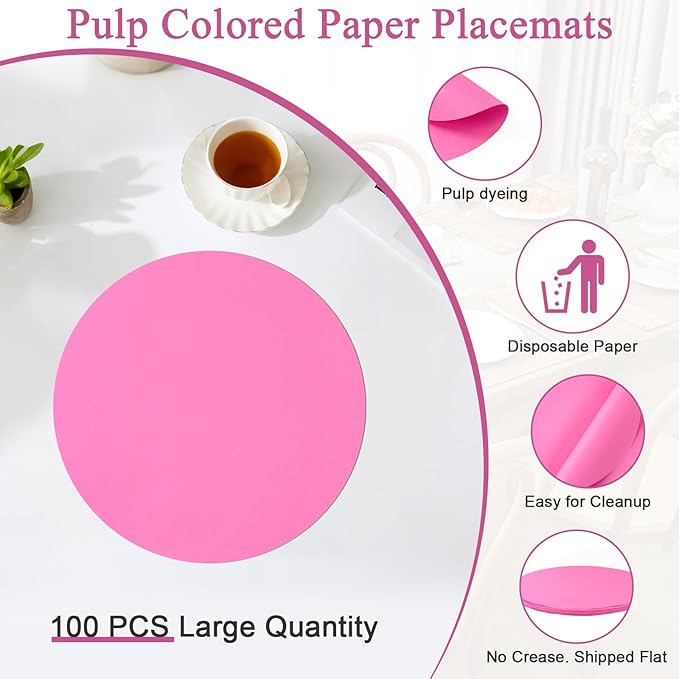 SHACOS 100 pcs Ultra Pink Valentine Round Paper Placemats Disposable 13 inch Colored Paper Place Mats for Wedding Birthday Party Bridal Baby Shower Table Decoration