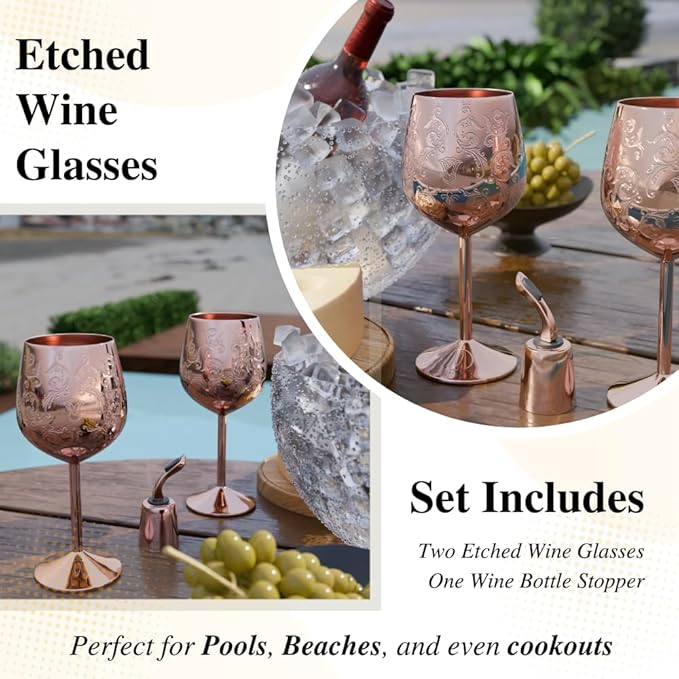 17oz Stainless Steel Wine Glasses | Gift for Mother's Day [Set of 2]–Rose Gold Royal Goblets with Intricate Baroque Engravings, Unbreakable and Shatterproof Wine Cups with Bottle Stopper
