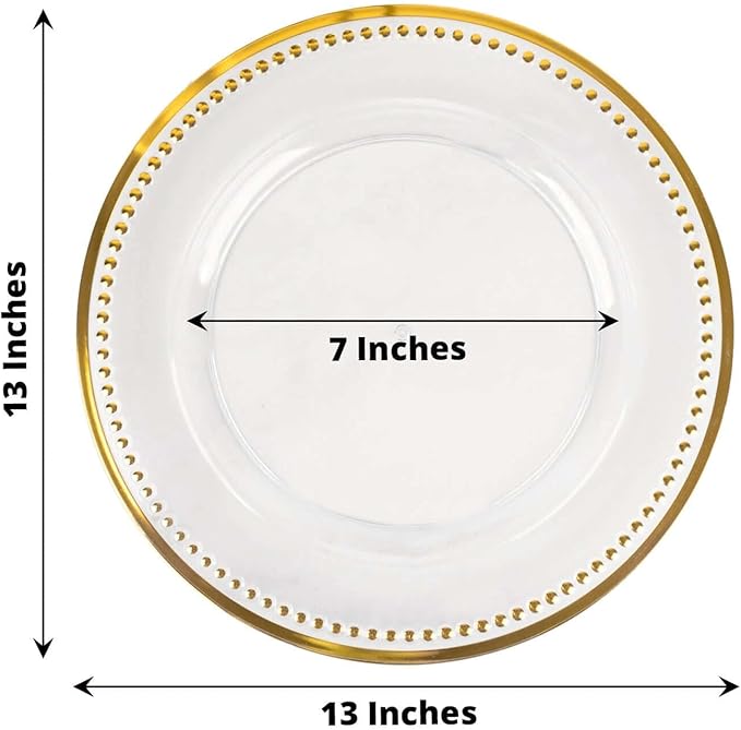 13" Charger Plates -Set of 12 - Acrylic Clear/Gold Round Beaded Disposable Chargers, Ideal for Dinner Party Wedding Bulk Events Tabletop Decoration