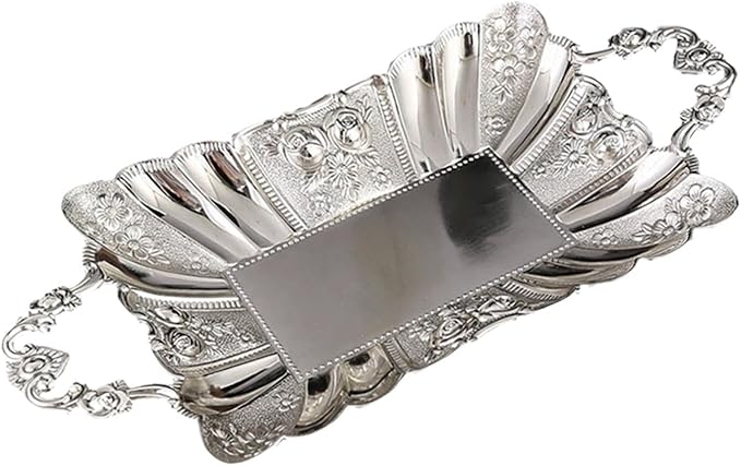 Metal Serving Tray with Handles 11.02x5.51x2.05inch European Style Mirror Fruit Plate for Candy Cupcake Dessert Bar Countertop Table Centerpiece Decor- Silver