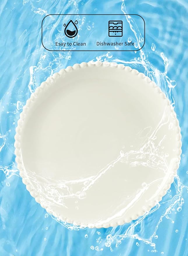 TAMAYKIM 10.5 Inch Porcelain Dinner Plates, Pasta Steak Salad Plates, Round Shape Serving Dinnerware Sets, Scratch Resistant, Microwave, Oven, and Dishwasher Safe, White with Pearl Dots, Set of 8