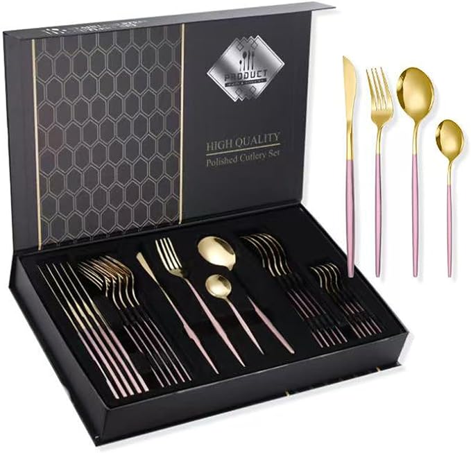 24 PCS Fine Flatware Set, Flatware Serving Set for 6, Utensil Set for Home and Restaurant Include Knives/Forks/Spoons, Dishwasher Safe, for Outdoor Camping Picnic(Size:B,Color:Rose Gold)