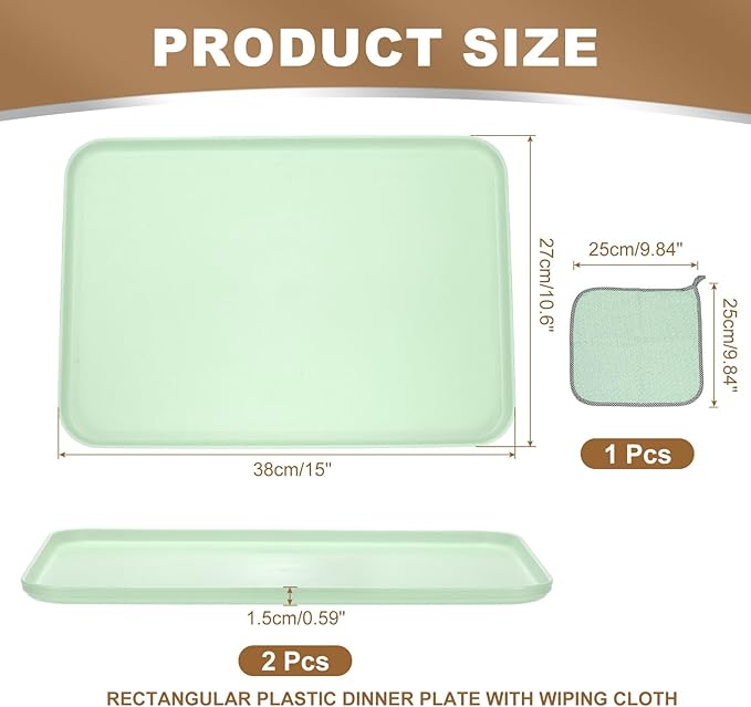 PATIKIL 15x10.6 Plastic Tray, 2 Pack Rectangular Plates Food Tray Wheat Plates Dishes Reusable Dessert Plate Trays with Cloth for Cake Fruits Salad Cupcake Steak Serving Green