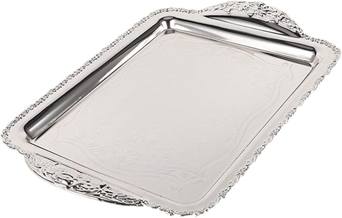 Decorative Fruit Tray Serving Platter Handcrafted Wearproof Drop Resistant Rectangle Plate Fruit Plate for Home Restaurant, Silver, Large