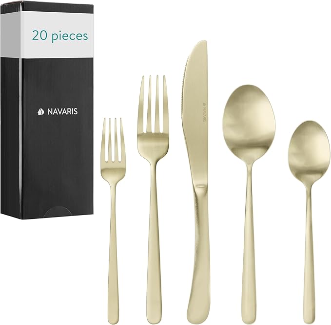 Navaris Silverware Set - Small 20-Piece 18/0 Stainless Steel Kitchen Cutlery Sets with Satin Champagne Finish - Versatile Dinner Knives and Forks and Spoons Dinner Set for 4