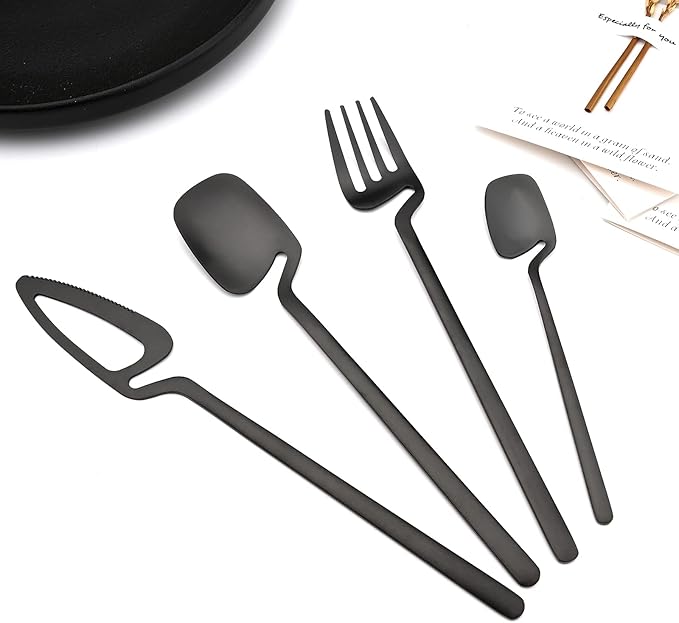 Hangable & Uinque Matte Silverware Flatware Set, 8-Pieces 18/10 Stainless Steel Cutlery Set Suitable For Family Couple Student Office Restaurant Party, Service for 2 (Black)