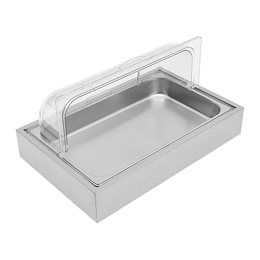 Cold Food Buffet Server, 6L Stainless Steel Ice Food Serving Display Tray with Clear Roll Top PC Cover and Ice Box, Countertop Chilled Serving Tray Platter for Fruit Party Buffet Silver