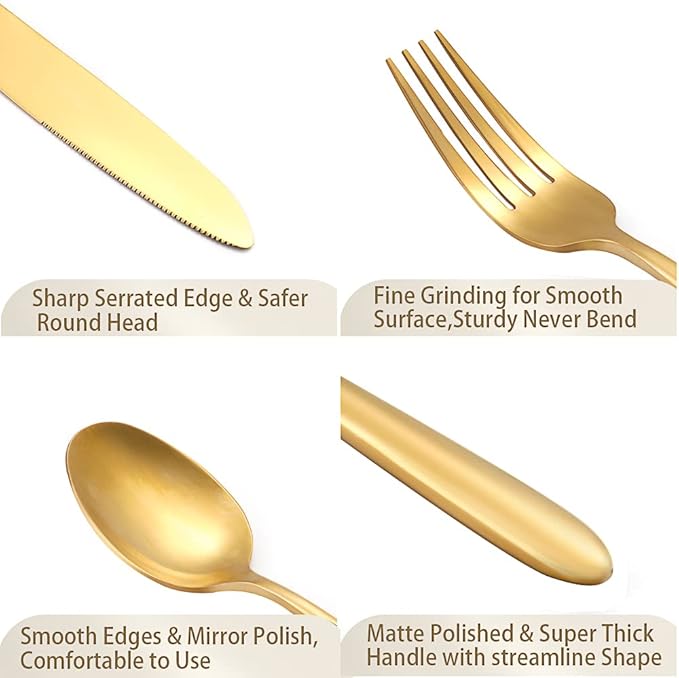 DEACORY Silverware Set Flatware Set Matte Gold Stain Polished Cutlery Set Brushed Finished Heavy Drip Handle Stainless Steel 60 Pieces Dishwasher Safe Service for 12