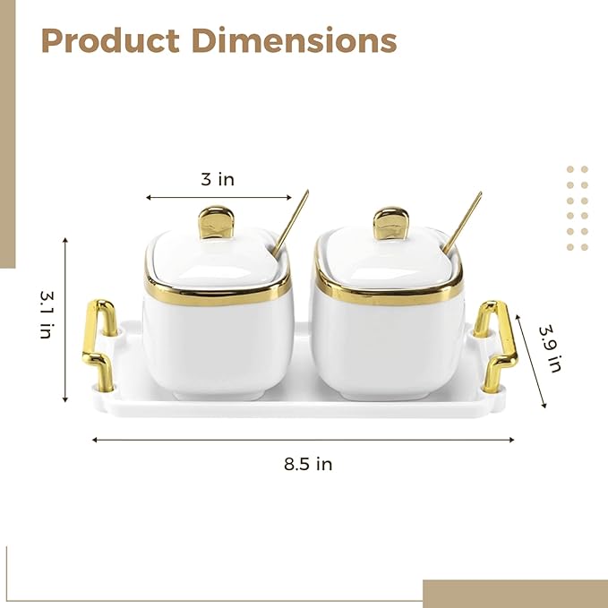2 Pcs Ceramic Sugar Bowl Set with Tray, 12 oz Spice Container, Salt Bowl with Lid and Spoon, Modern Seasoning Storage Jar for Home and Kitchen, Coffee Bar