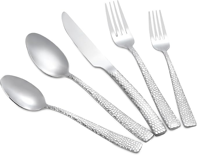 30-Piece Silver Silverware Set, Heavy Duty Hammered 18/10 Stainless Steel Flatware Set for 6, Food-Grade Cutlery Set, Tableware Set Including Fork Knife Spoon Set,Dishwasher Safe