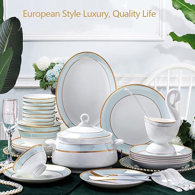 Dinnerware Sets - Luxury Gift Dishes Service Set, 30,56,60PCS Ceramic Dinnerware Set Bone China Tableware Dishes Plates Ceramic Combination Dinner Service Set (60 Pieces)