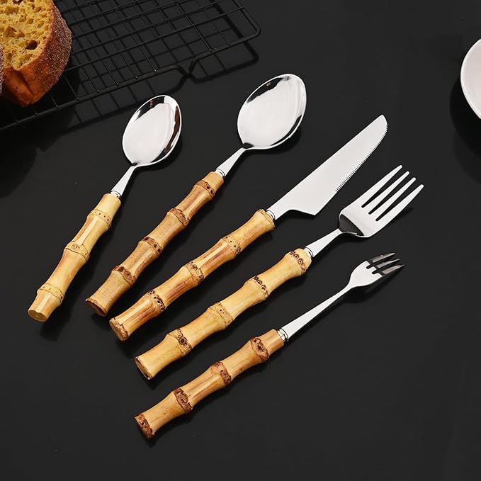 JASHII 20-piece Silver Stainless Steel Flatware Cutlery Set Silverware Knife Fork Spoon Set Bamboo Handle Dishwasher Safe for Dinner Buffet