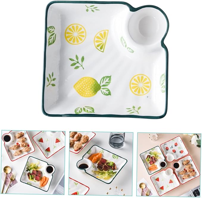 ABOOFAN Japanese Ceramic Divided Dumpling Dish Sauce Holder Hand-Painted Square Plate for Fruits and Dipping Multi-Use Serving Tray for Entertaining and Everyday Meals Random Style