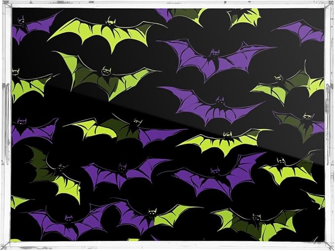 Serving Tray with Handles Clear Acrylic Tray 12x16 Inch Decorative Rectangular Tray Organizer for Ottoman Coffee Table Bathroom Halloween Bats Black