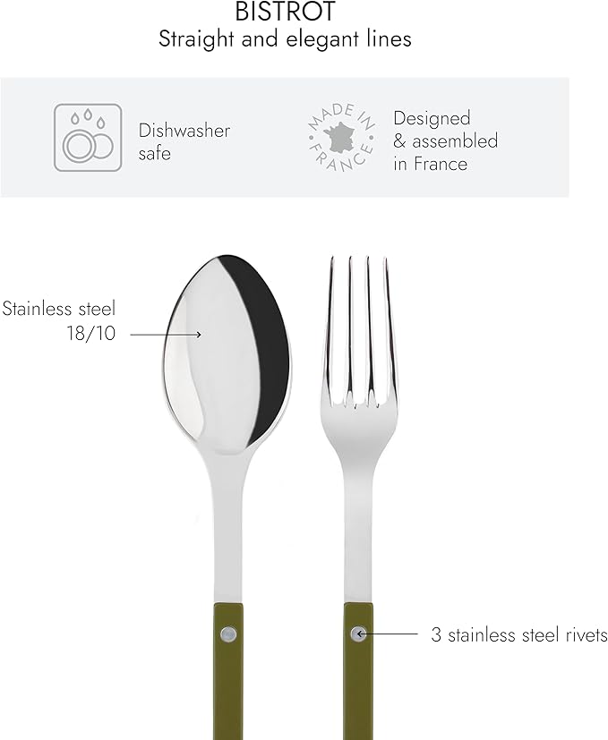 SABRE PARIS - 2-Piece Serving Set - Bistrot Collection - Large Fork & Large Spoon - Stainless Steel & Nylon - Dishwasher Safe - Fern Green - Brilliant Finish