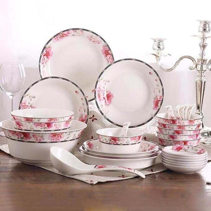 European Style Dinner Set 28 Pieces Dinnerware Bone China Tableware Set Ceramics Flower Pattern Dinner Sets Plates Bowls Combination for Family Party (White)