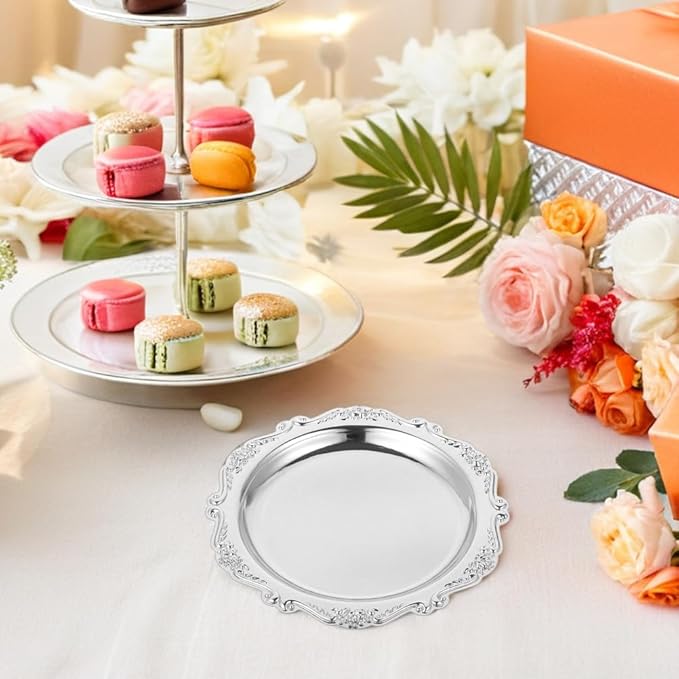 Vintage Decorative Serving Tray - Small Metal Jewelry Dish - 6-inch Metal Jewelry Display Tray - Ornate Snack Appetizer Platter - Round Party Food Display Plate - Vanity Tabletop Organizer