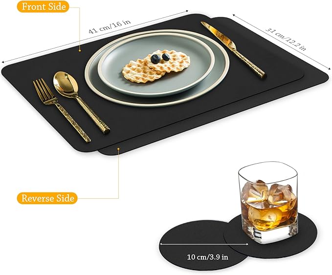 Bacgnyer Placemats Set of 4, Placemat with Coasters Heat Stain Scratch Resistant Non-Slip Waterproof Oil-Proof Washable Wipeable Outdoor Indoor for Dining Patio Table Kitchen Decor and Kids (Black 4)