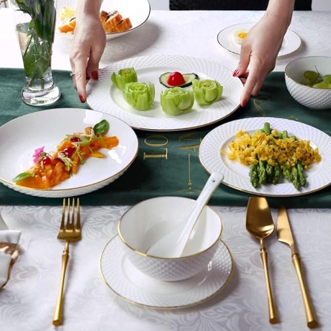 Ceramic Tableware Set, Bowls/Plates/pots/Spoons | Exquisite White Porcelain Set with Gold Embossed Design, 49 Pieces.,