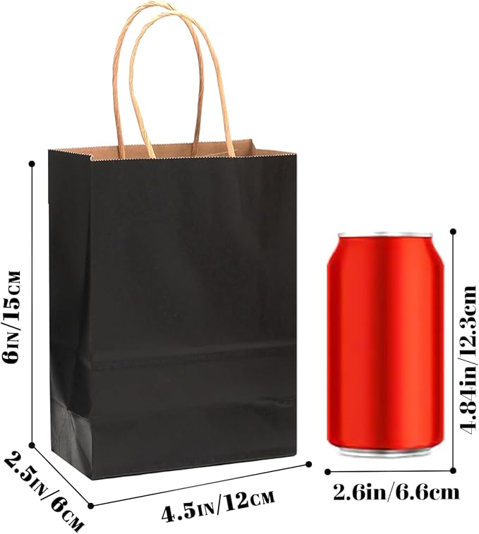 qiqee 100-Packs Black Paper Gift Bags with Handles Bulk 4.5"×2.5"×6" Mini Size Gift Bags Multiple Uses