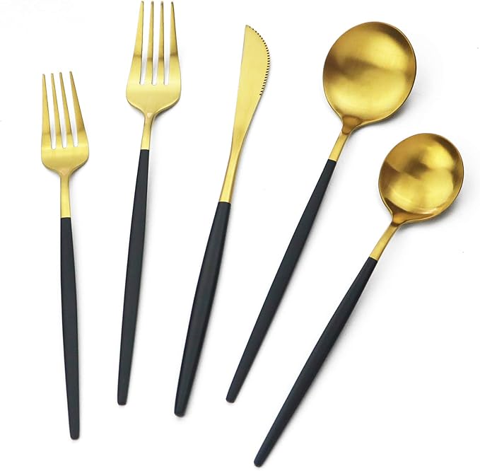 Gold Silverware Set JASHII 40 Pieces Matte Flatware Set 304 Stainless Steel Flat Cutlery Set for 8 Black Handle Forks Knife Spoons Set, Satin Finish Tableware Set for Home Restaurant Dishwasher Safe