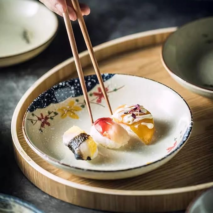 Kitchen Plates Japanese Retro Ceramic Plate Deep Plate Dinner Plate Home Restaurant Rice Bowl Soup Plate Japanese Tableware Restaurant Plates(4)