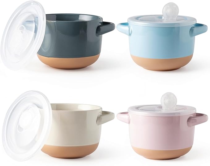 AmorArc 24 Ounces Soup Bowls with Large Handles and Lids, Stoneware Bowls Set of 4 for Soup, Cereal, Stew, Noodle, Colourful Ceramic Kitchen Bowls, Microwave&Dishwasher Safe, Multicolor