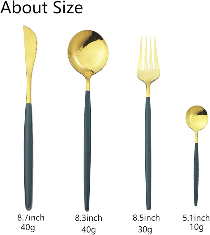 JASHII 24-Piece Titanium Green Plated Stainless Steel Flatware Set, Green Handle, Gold Mouth Utensils, Shiny Gold Finish for 6