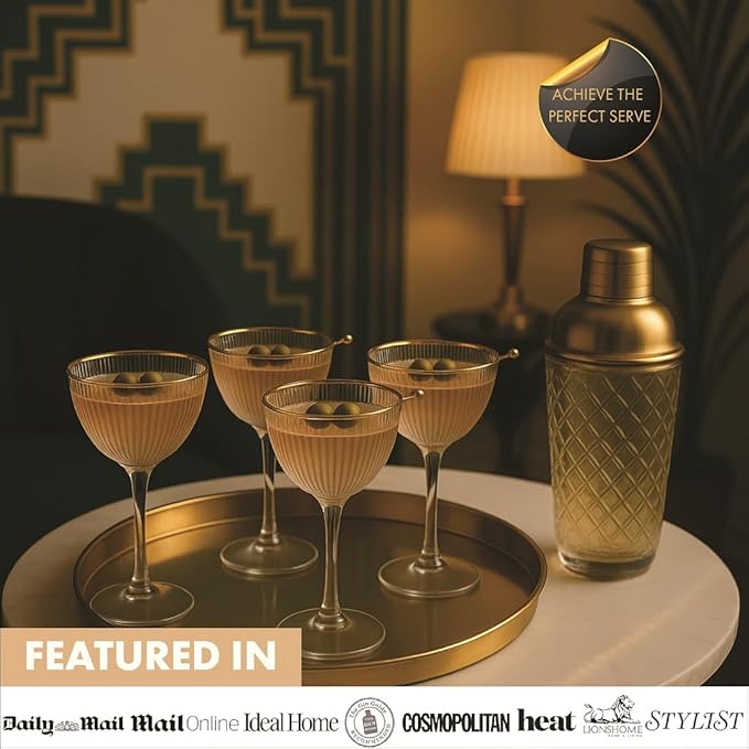 VEMACITY - Ribbed Nick and Nora Cocktail Glasses with Gold Rims (5.4oz) | Nick & Nora Glasses Set of 4, Jigger & 4 Picks - Vintage Glassware | Gimlet Cocktail Glasses | Ideal for Gifting