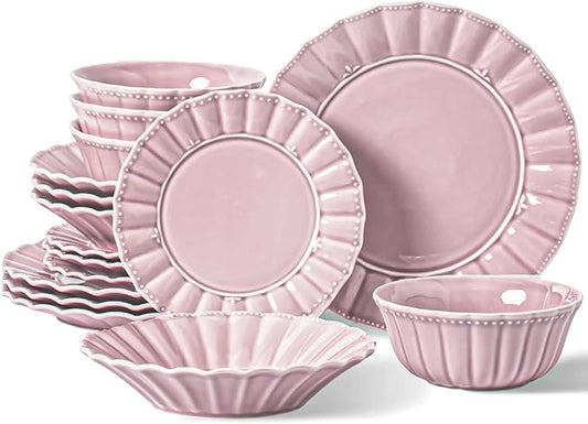 HOMBENE Plates and Bowls Sets for 4, 16 Piece Dinnerware Sets, Porcelain Plate set, Ceramic dish set, Wedding kitchen & dining, Microwavable Dreamy Sakura Pink