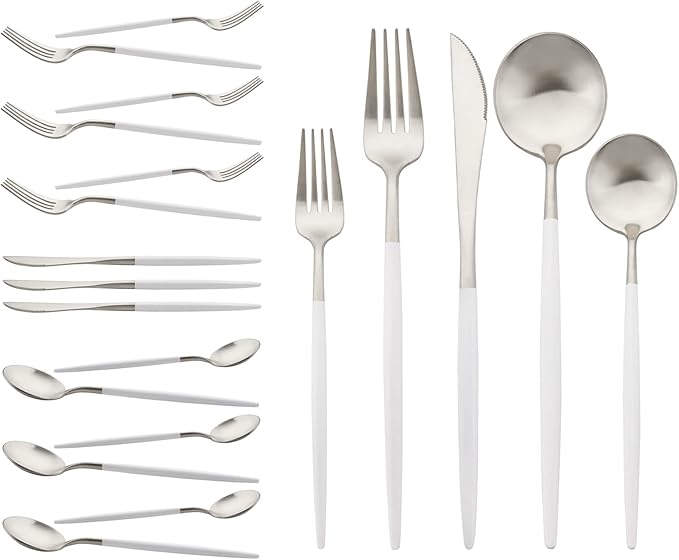 Flatware Set 18/10 Stainless Steel Matte White Handle Silver - Kitchen Utensil Serving Set of Dinner Fork Knife Spoons Salad Fork Dessert Spoon,20 Piece, Service for 4 (White + Silver)